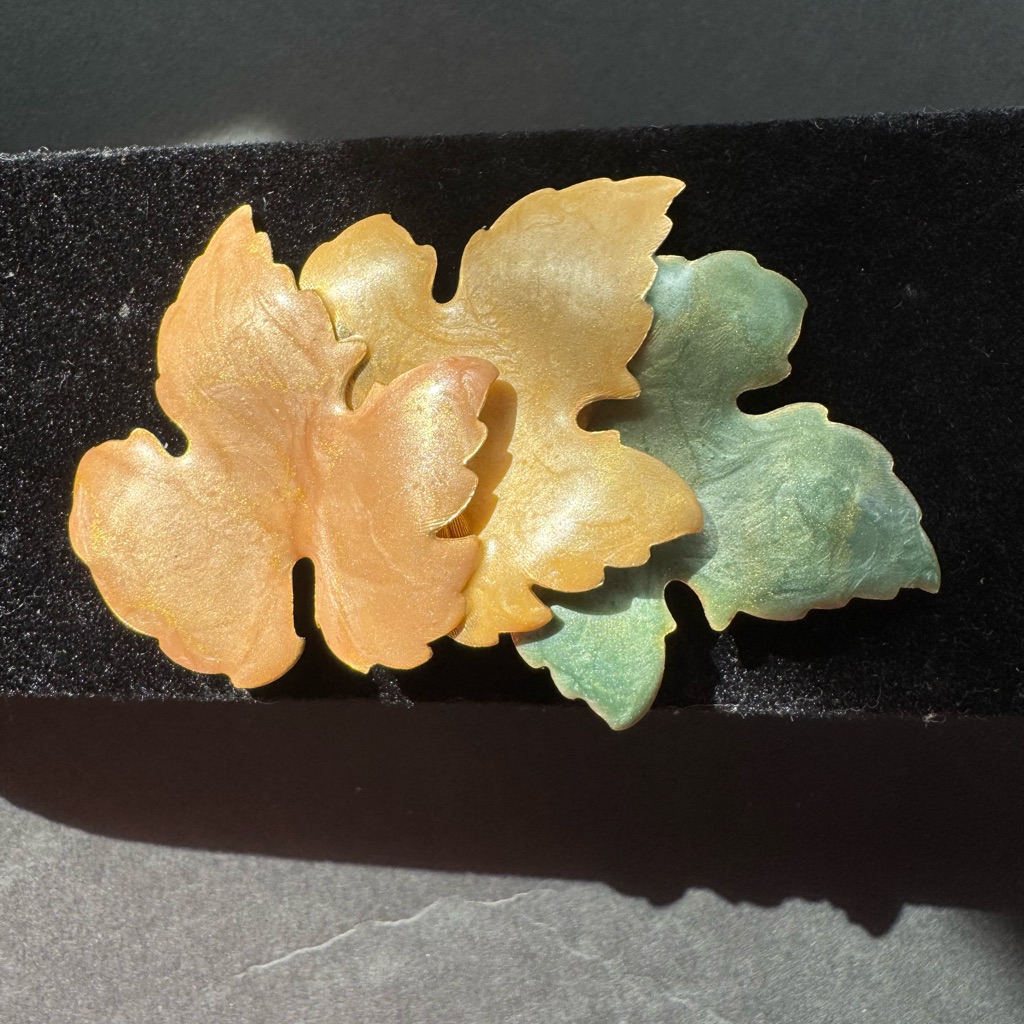 Vintage Leaf Brooch | Green, Gold, Orange | Enamel | Estate Jewelry